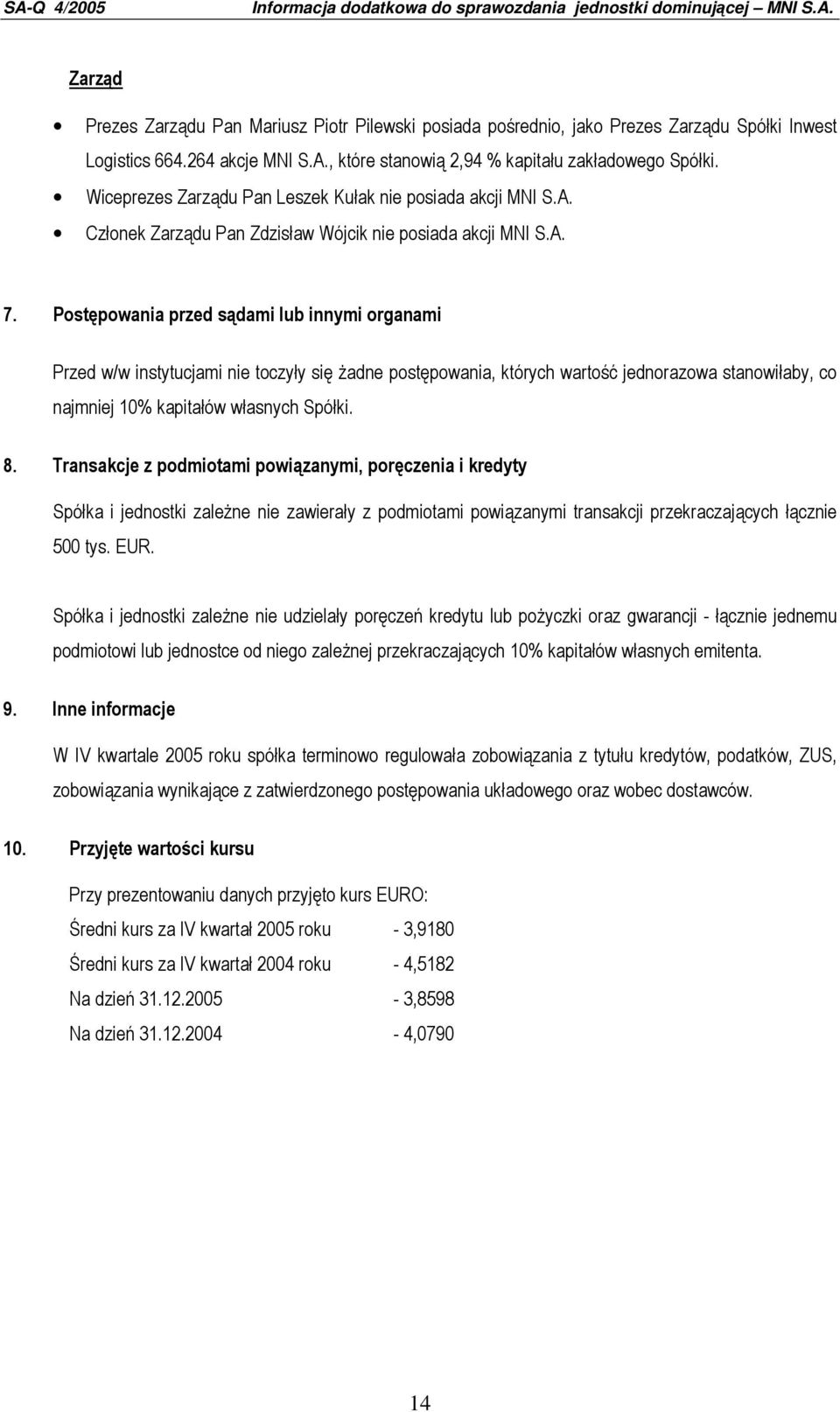 Postępowania przed sądami lub innymi organami Przed w/w instytucjami nie toczyły się Ŝadne postępowania, których wartość jednorazowa stanowiłaby, co najmniej 10% kapitałów własnych Spółki. 8.