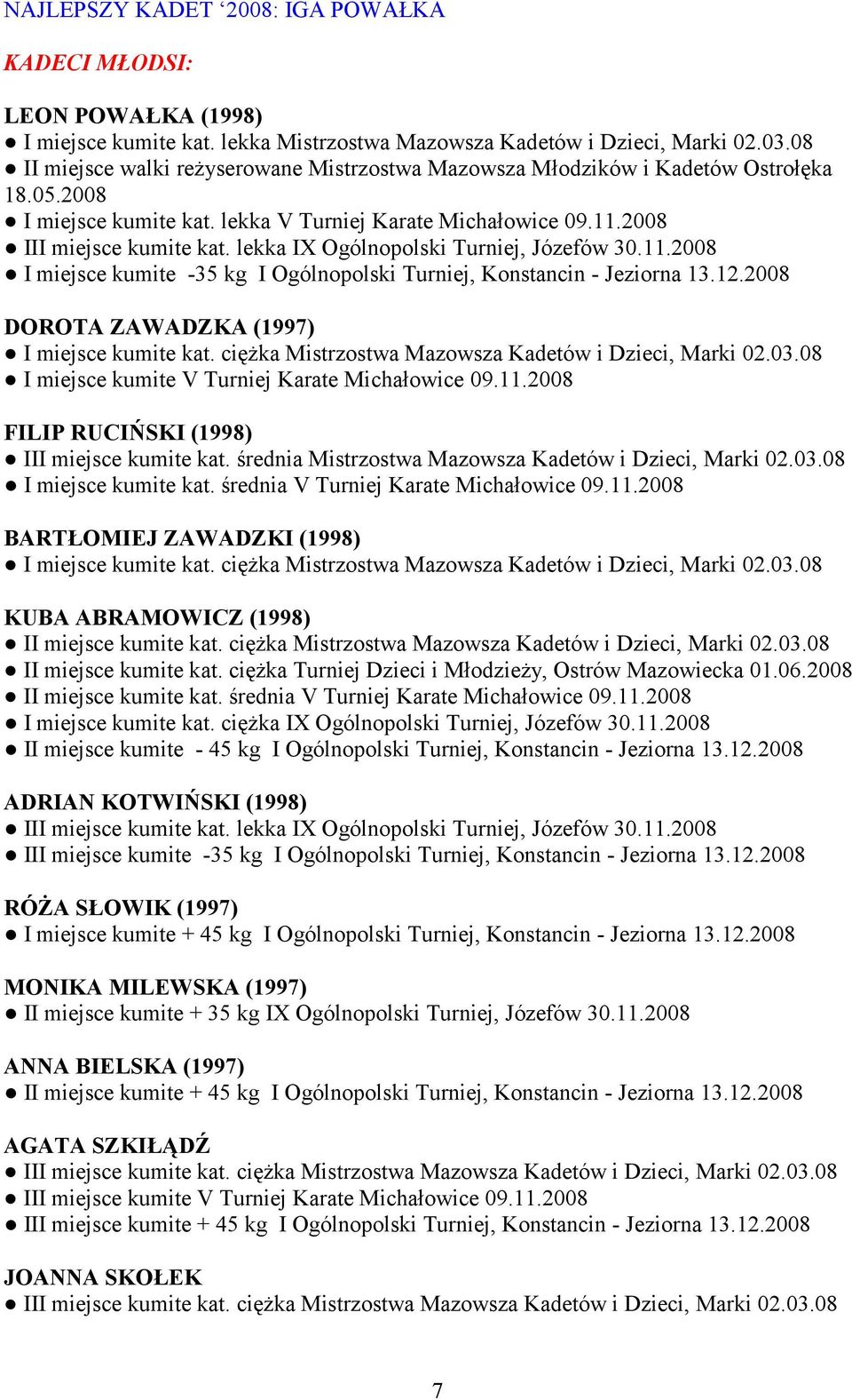 lekka IX Ogólnopolski Turniej, Józefów 30.11.2008 I miejsce kumite -35 kg I Ogólnopolski Turniej, Konstancin - Jeziorna 13.12.2008 DOROTA ZAWADZKA (1997) I miejsce kumite kat.