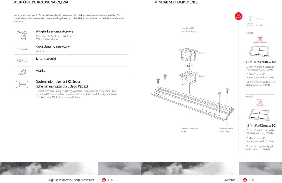 dynamometryczny WK 6 mm Sznur traserski Miarka Opcjonalnie element K2 Spacer (schemat montażu dla układu Pejzaż) Element K2 Spacer służy do łatwego pomiaru odstępu między szynami.