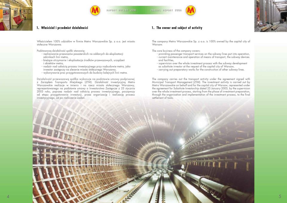 obiektów metra, - nadzór nad całością procesu inwestycyjnego przy rozbudowie metra, jako inwestor zastępczy na zlecenie miasta stołecznego Warszawy, - wykonywanie prac przygotowawczych do budowy
