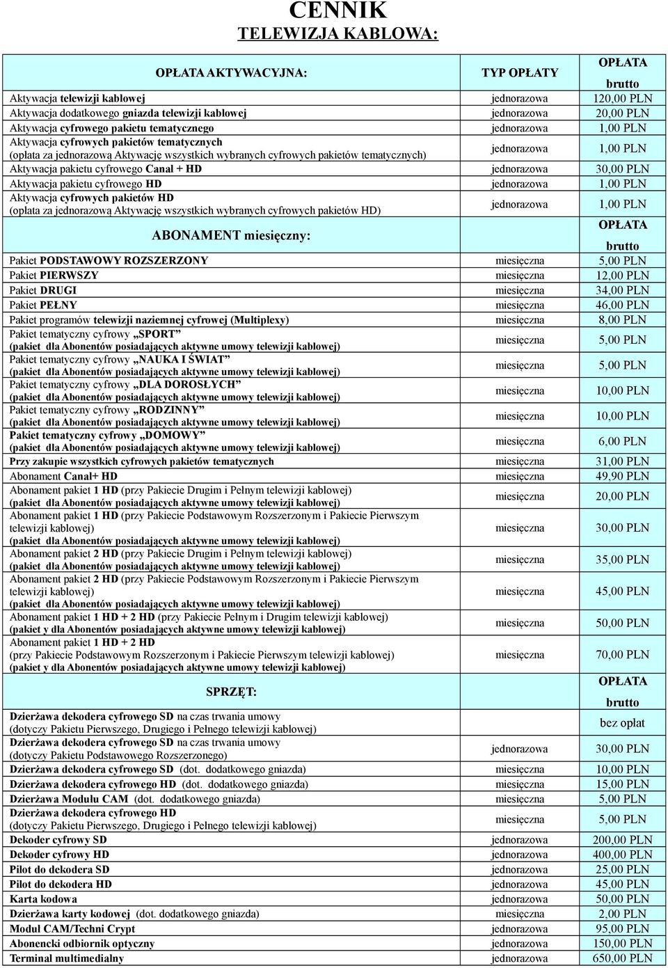 pakietu cyfrowego Canal + HD jednorazowa 30,00 PLN Aktywacja pakietu cyfrowego HD jednorazowa 1,00 PLN Aktywacja cyfrowych pakietów HD (opłata za jednorazową Aktywację wszystkich wybranych cyfrowych