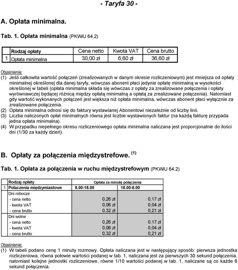 określonej dla danej taryfy, wówczas abonent płaci jedynie opłatę minimalną w wysokości określonej w tabeli (opłata minimalna składa się wówczas z opłaty za zrealizowane połączenia i opłaty