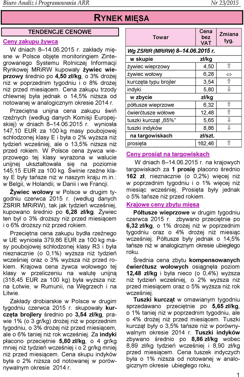 niż przed miesiącem. Cena zakupu trzody chlewnej była jednak o 14,5% niższa od notowanej w analogicznym okresie 2014 r.