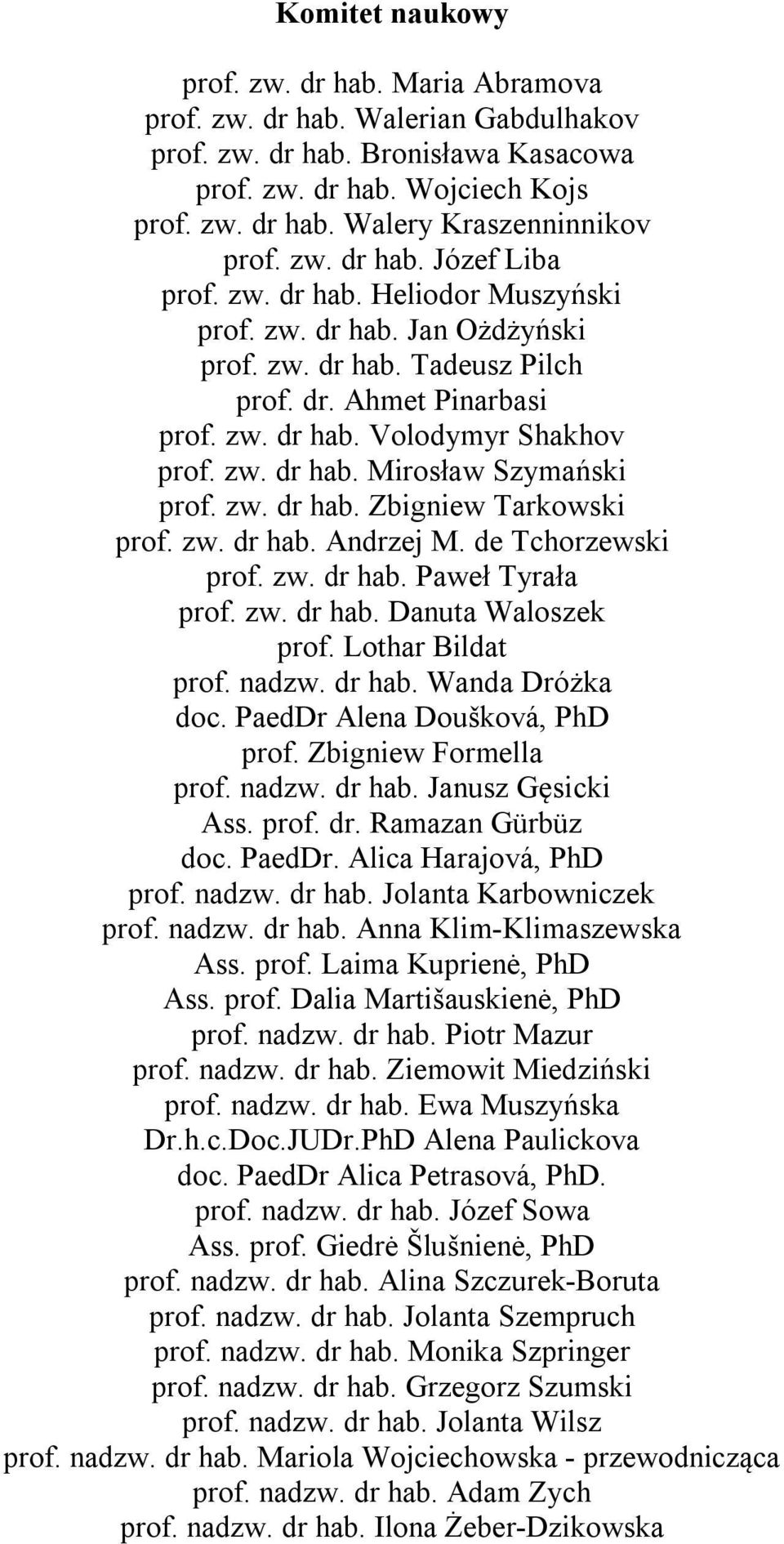 zw. dr hab. Zbigniew Tarkowski prof. zw. dr hab. Andrzej M. de Tchorzewski prof. zw. dr hab. Paweł Tyrała prof. zw. dr hab. Danuta Waloszek prof. Lothar Bildat prof. nadzw. dr hab. Wanda Dróżka doc.