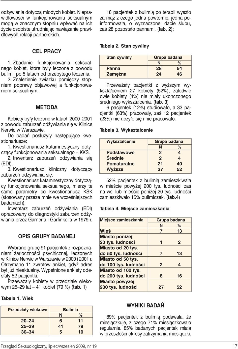 Znalezienie zwiàzku pomi dzy stopniem poprawy objawowej a funkcjonowaniem seksualnym. METODA Kobiety by y leczone w latach 2000 2001 z powodu zaburzeƒ od ywiania si w Klinice Nerwic w Warszawie.