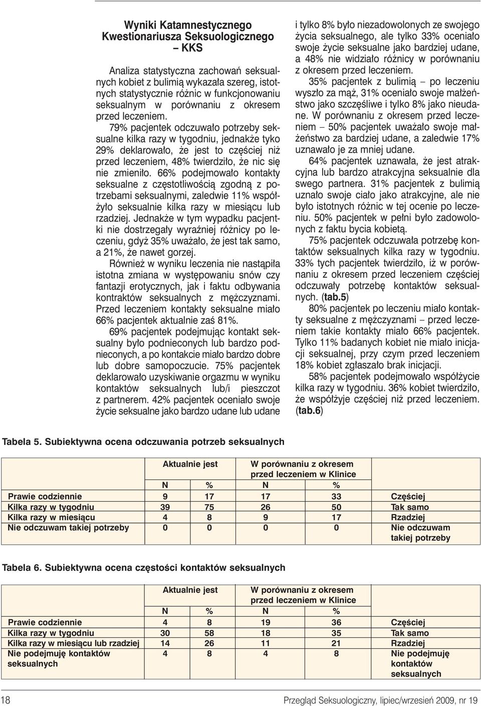 79% pacjentek odczuwa o potrzeby seksualne kilka razy w tygodniu, jednak e tyko 29% deklarowa o, e jest to cz Êciej ni przed leczeniem, 48% twierdzi o, e nic si nie zmieni o.