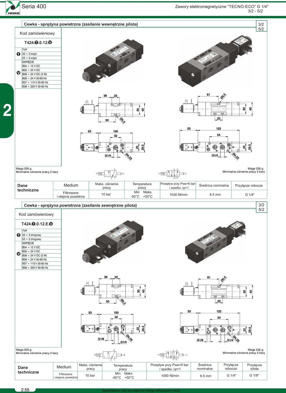 YP 3 = 3 ways 5 = 5 ways B04 = 1 DC B05 = 4 DC Waga 05 g imalne ciśnienie bary Waga 35 g imalne ciśnienie bary Solenoid - valves