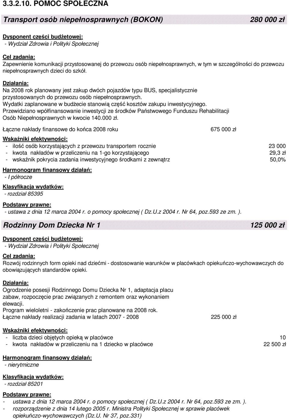 dzieci do szkół. Na 2008 rok planowany jest zakup dwóch pojazdów typu BUS, specjalistycznie przystosowanych do przewozu osób niepełnosprawnych.
