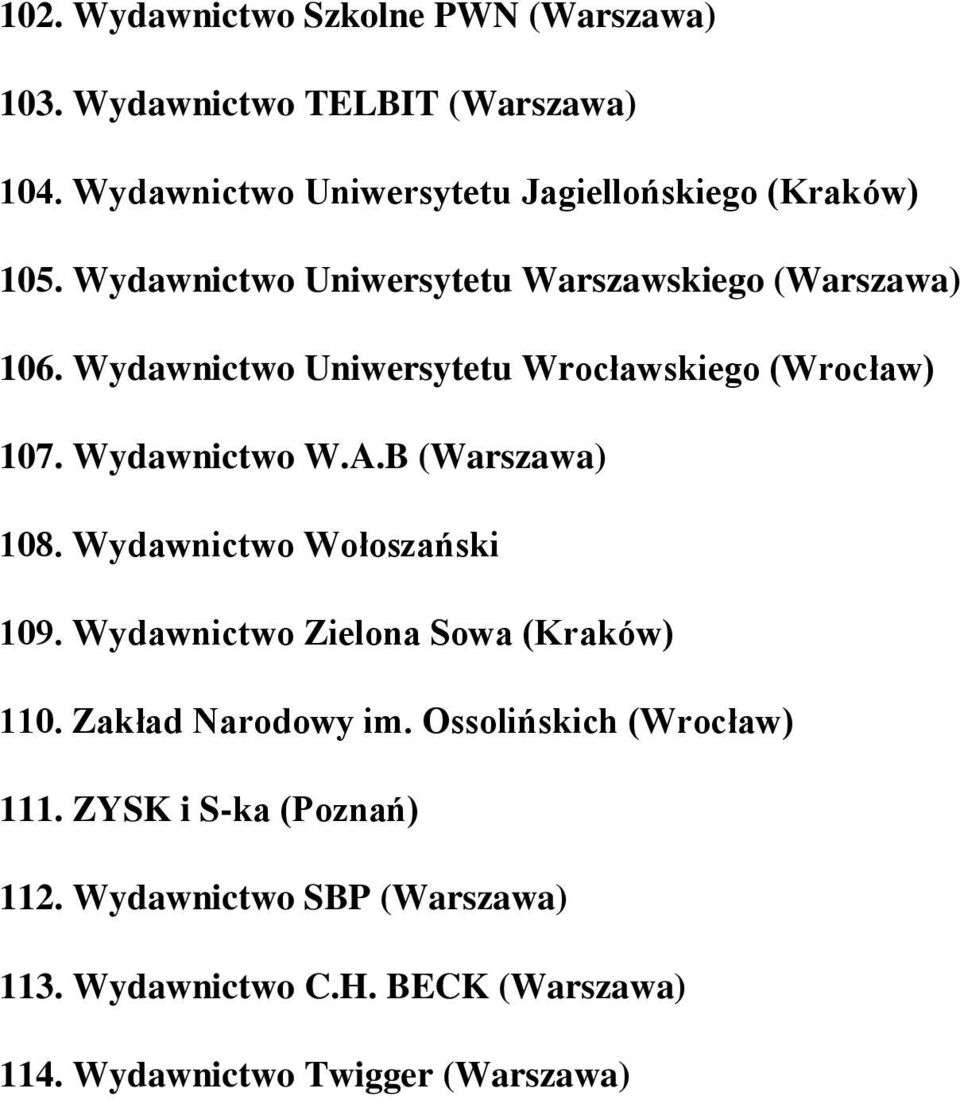 Wydawnictwo Uniwersytetu Wrocławskiego (Wrocław) 107. Wydawnictwo W.A.B (Warszawa) 108. Wydawnictwo Wołoszański 109.
