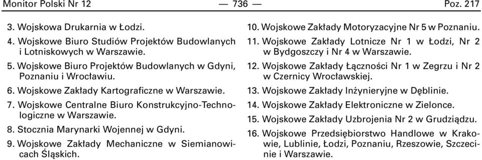 Wojskowe Zak ady Motoryzacyjne Nr 5 w Poznaniu. 11. Wojskowe Zak ady Lotnicze Nr 1 w odzi, Nr 2 w Bydgoszczy i Nr 4 12. Wojskowe Zak ady àcznoêci Nr 1 w Zegrzu i Nr 2 w Czernicy Wroc awskiej. 13.