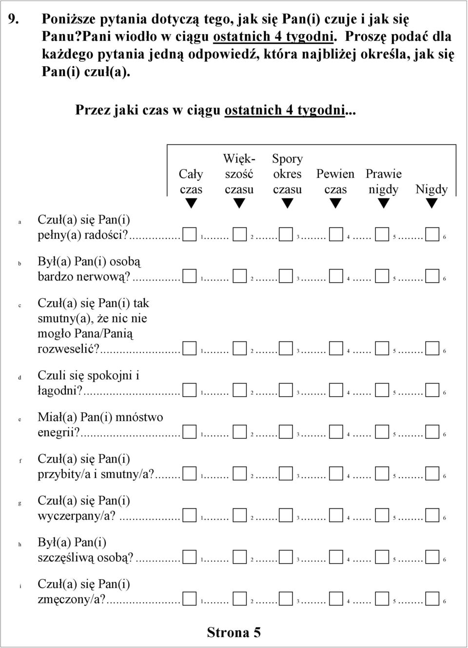 .. 6 Był() Pn(i) osoą rdzo nerwową?... 1... 2... 3... 4... 5... 6 Czuł() się Pn(i) tk smutny(), że nic nie mogło Pn/Pnią rozweselić?... 1... 2... 3... 4... 5... 6 Czuli się spokojni i łgodni?... 1... 2... 3... 4... 5... 6 Mił() Pn(i) mnóstwo enegrii?