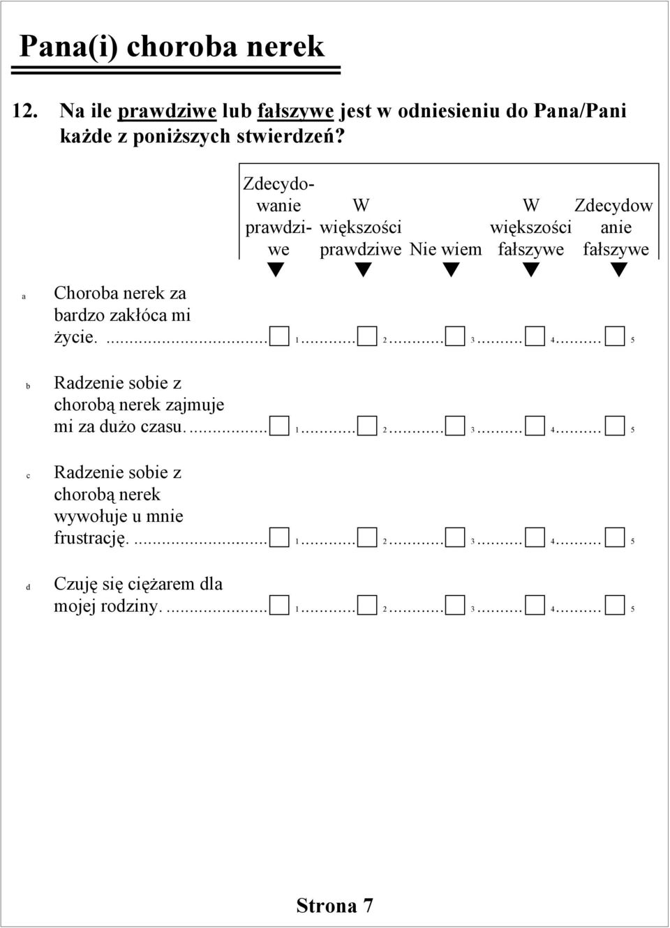 życie.... 1... 2... 3... 4... 5 Rdzenie soie z choroą nerek zjmuje mi z dużo czsu... 1... 2... 3... 4... 5 c Rdzenie soie z choroą nerek wywołuje u mnie frustrcję.