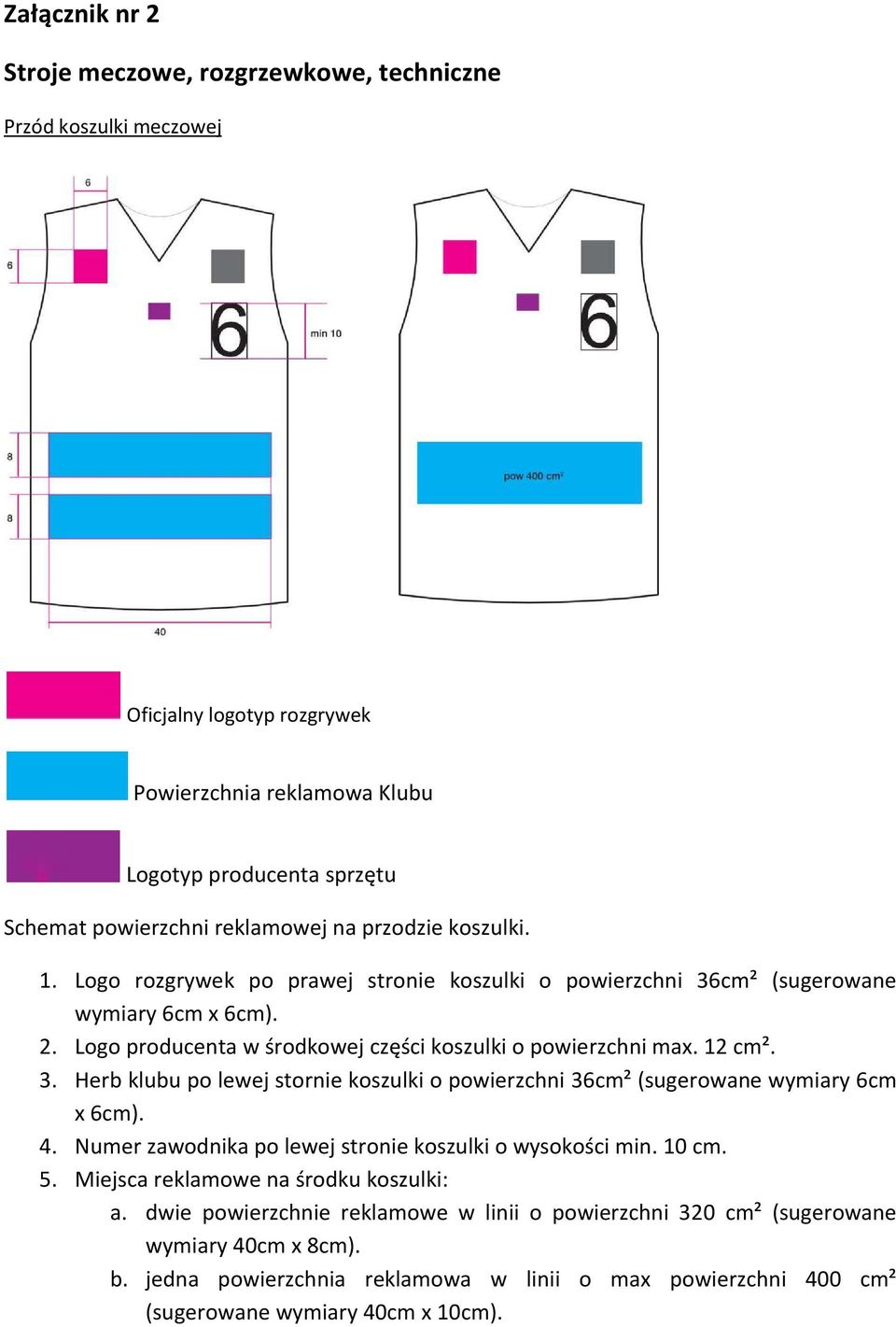 4. Numer zawodnika po lewej stronie koszulki o wysokości min. 10 cm. 5. Miejsca reklamowe na środku koszulki: a.