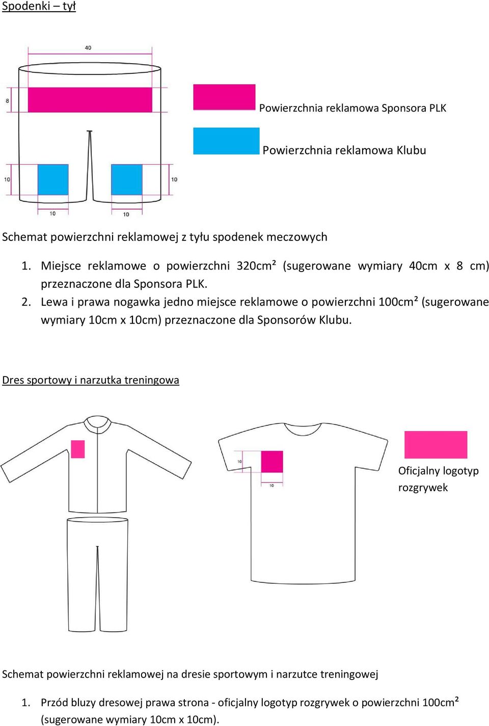 Lewa i prawa nogawka jedno miejsce reklamowe o powierzchni 100cm² (sugerowane wymiary 10cm x 10cm) przeznaczone dla Sponsorów Klubu.