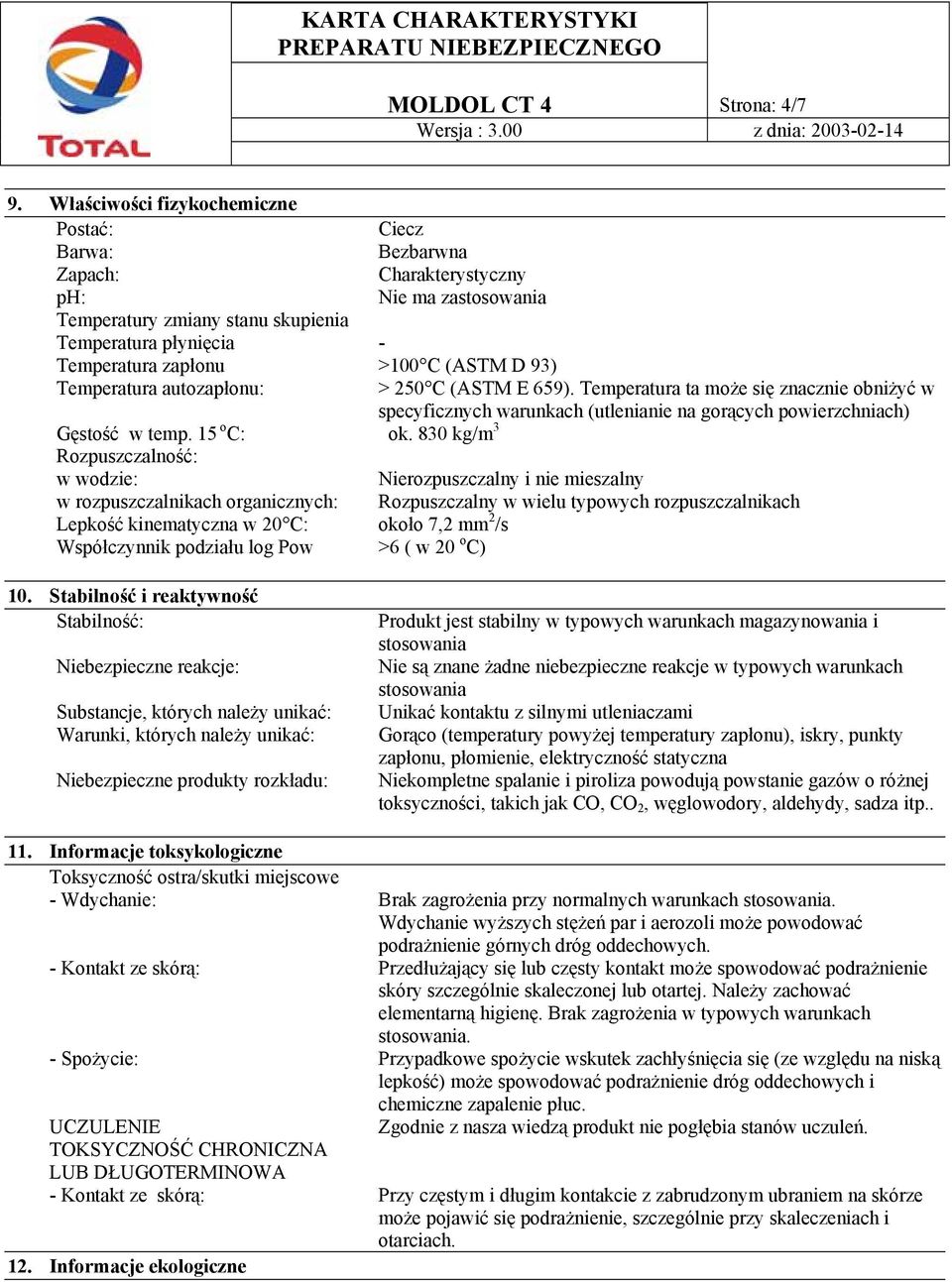 (ASTM D 93) Temperatura autozapłonu: > 250 C (ASTM E 659). Temperatura ta może się znacznie obniżyć w specyficznych warunkach (utlenianie na gorących powierzchniach) Gęstość w temp. 15 o C: ok.