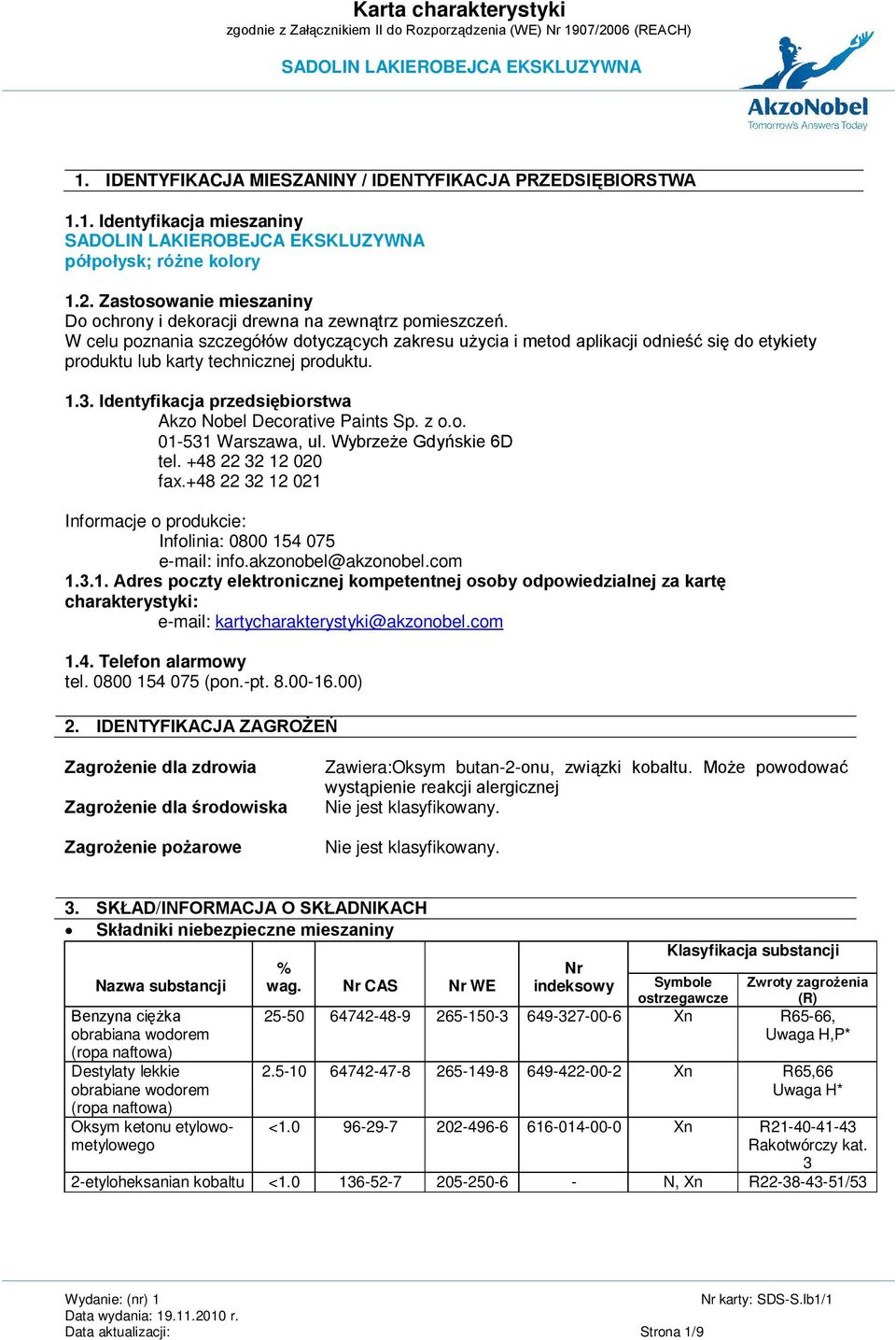 Identyfikacja przedsiębiorstwa Akzo Nobel Decorative Paints Sp. z o.o. 01-531 Warszawa, ul. Wybrzeże Gdyńskie 6D tel. +48 22 32 12 020 fax.