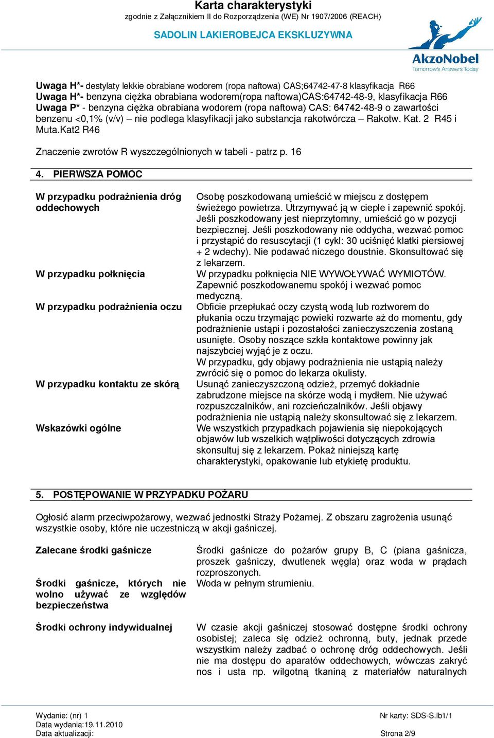 Kat2 R46 Znaczenie zwrotów R wyszczególnionych w tabeli - patrz p. 16 4.