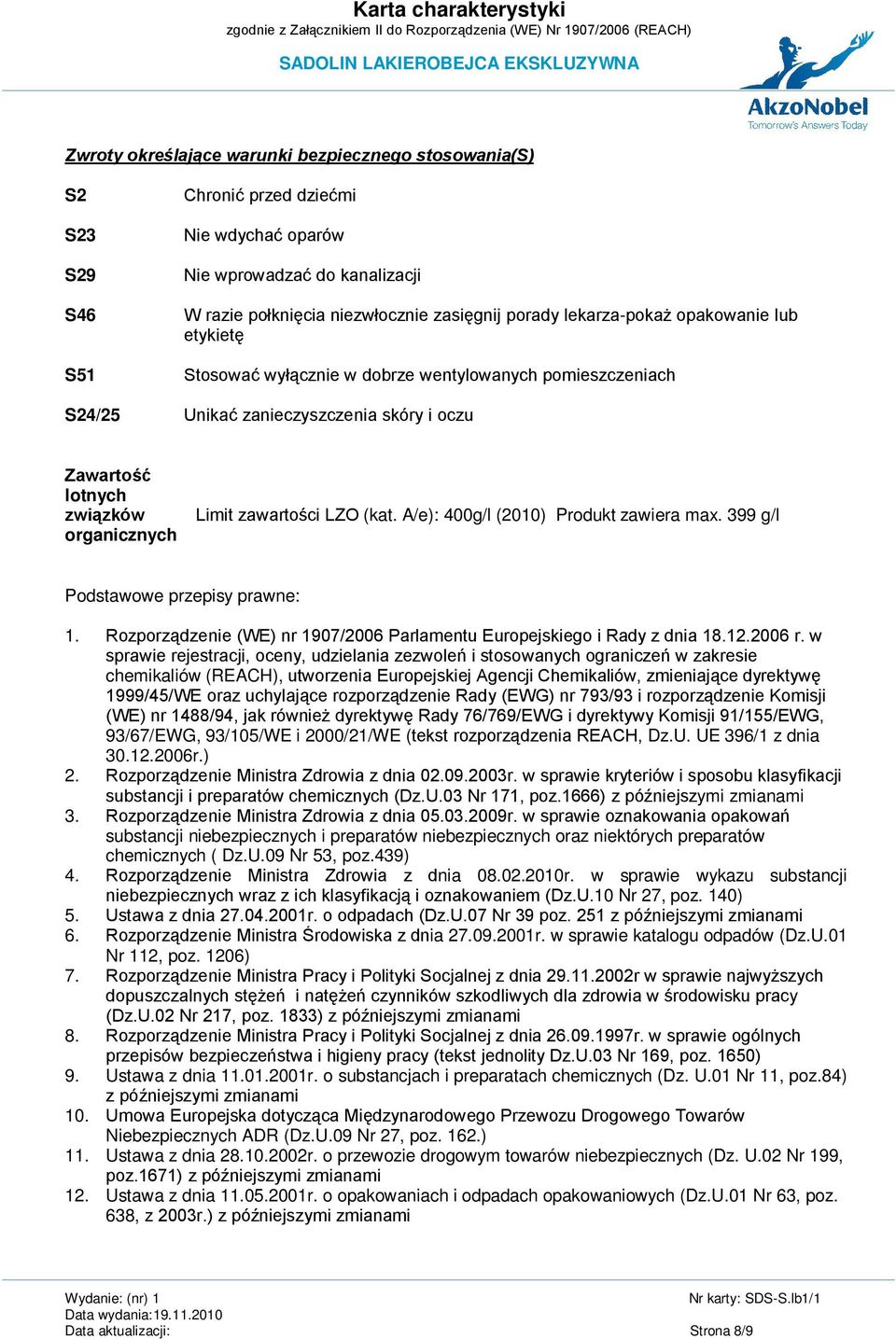 A/e): 400g/l (2010) Produkt zawiera max. 399 g/l Podstawowe przepisy prawne: 1. Rozporządzenie (WE) nr 1907/2006 Parlamentu Europejskiego i Rady z dnia 18.12.2006 r.