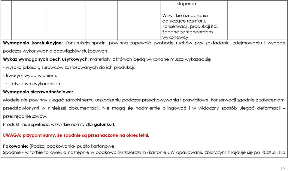 Wykaz wymaganych cech uŝytkowych: materiały, z których będą wykonane muszą wykazać się - wysoką jakością surowców zastosowanych do ich produkcji, - trwałym wybarwieniem, - estetycznym wykonaniem.