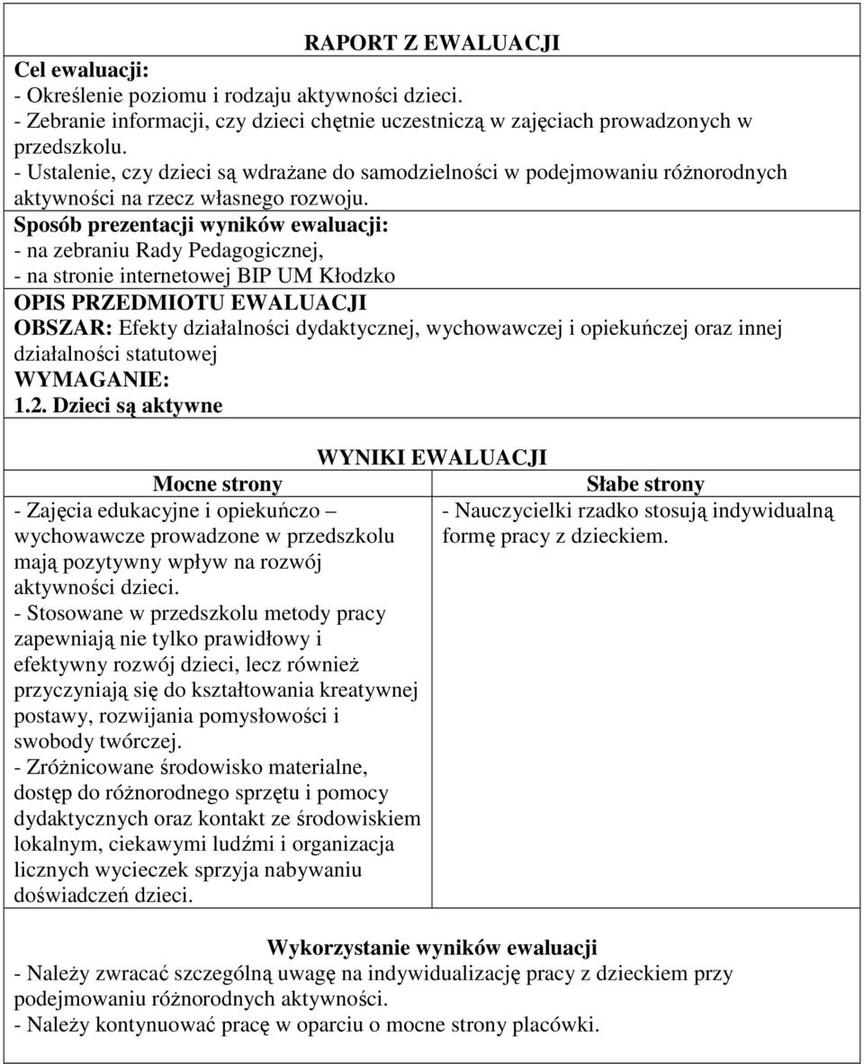 Dzieci są aktywne - Zajęcia edukacyjne i opiekuńczo - Nauczycielki rzadko stosują indywidualną wychowawcze prowadzone w przedszkolu formę pracy z dzieckiem.
