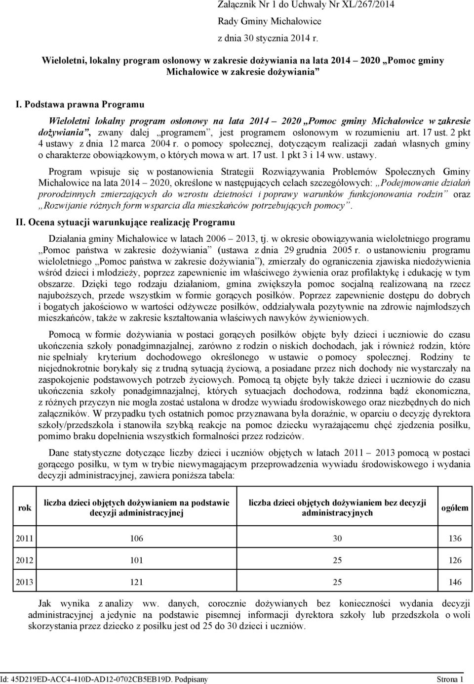Podstawa prawna Programu Wieloletni lokalny program osłonowy na lata 2014 2020 Pomoc gminy Michałowice w zakresie dożywiania, zwany dalej programem, jest programem osłonowym w rozumieniu art. 17 ust.
