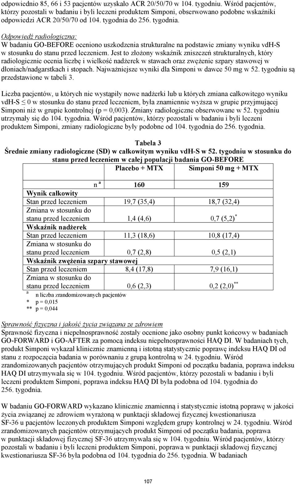 do 256. tygodnia. Odpowiedź radiologiczna: W badaniu GO-BEFORE oceniono uszkodzenia strukturalne na podstawie zmiany wyniku vdh-s w stosunku do stanu przed leczeniem.