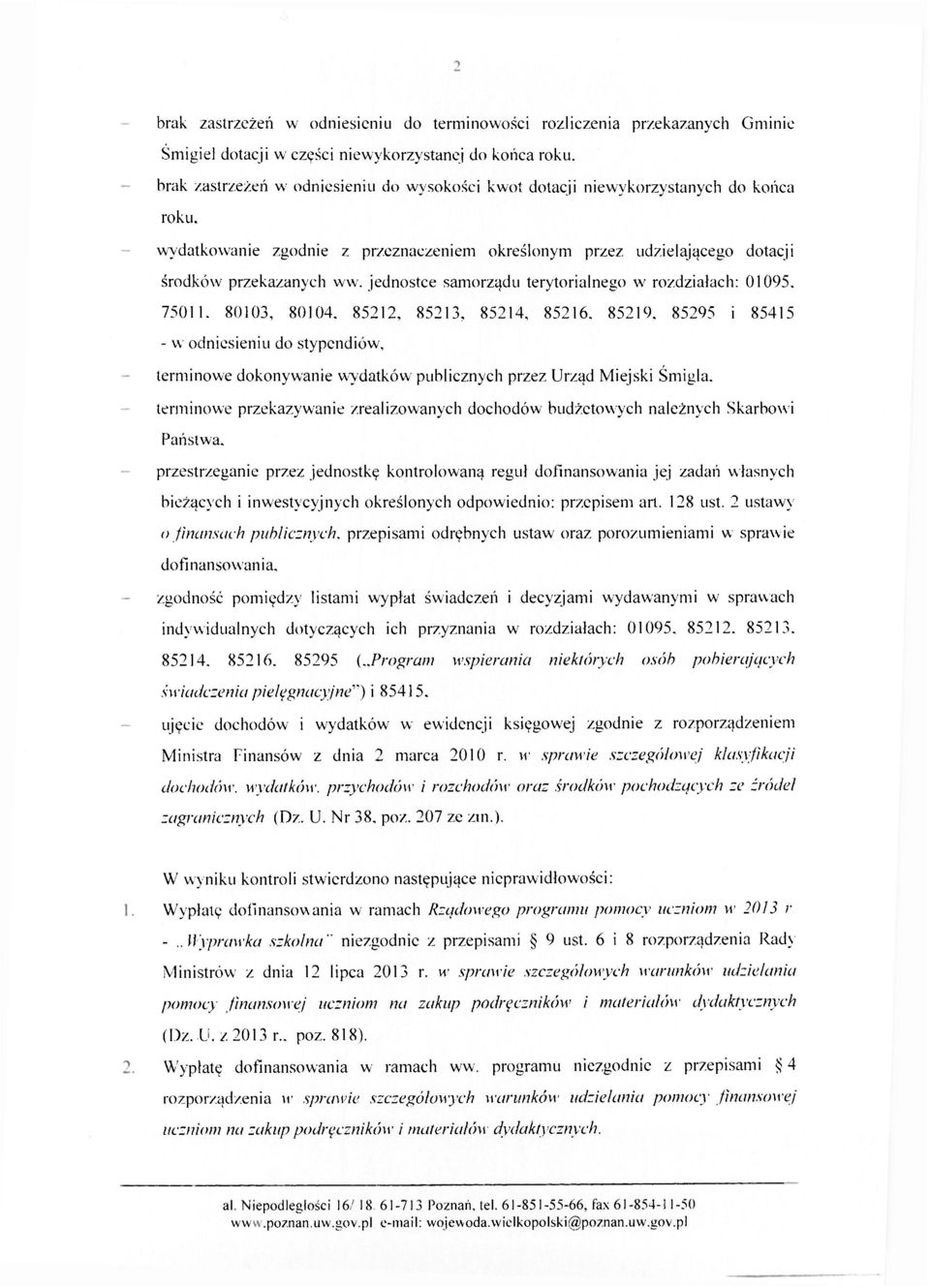 jednostce samorządu terytorialnego w rozdziałach: 01095. 75011. 80103, 80104. 85212, 85213, 85214, 85216. 85219.