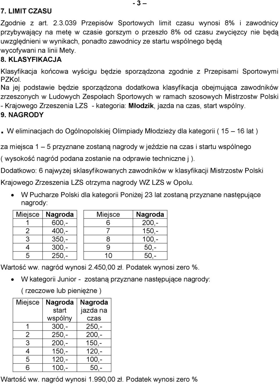 039 Przepisów Sportowych limit czasu wynosi 8% i zawodnicy przybywający na metę w czasie gorszym o przeszło 8% od czasu zwycięzcy nie będą uwzględnieni w wynikach, ponadto zawodnicy ze startu