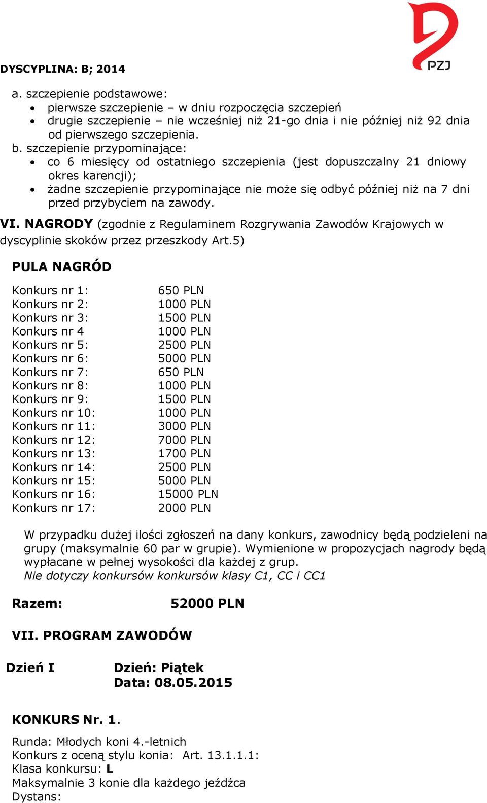 przybyciem na zawody. VI. NAGRODY (zgodnie z Regulaminem Rozgrywania Zawodów Krajowych w dyscyplinie skoków przez przeszkody Art.