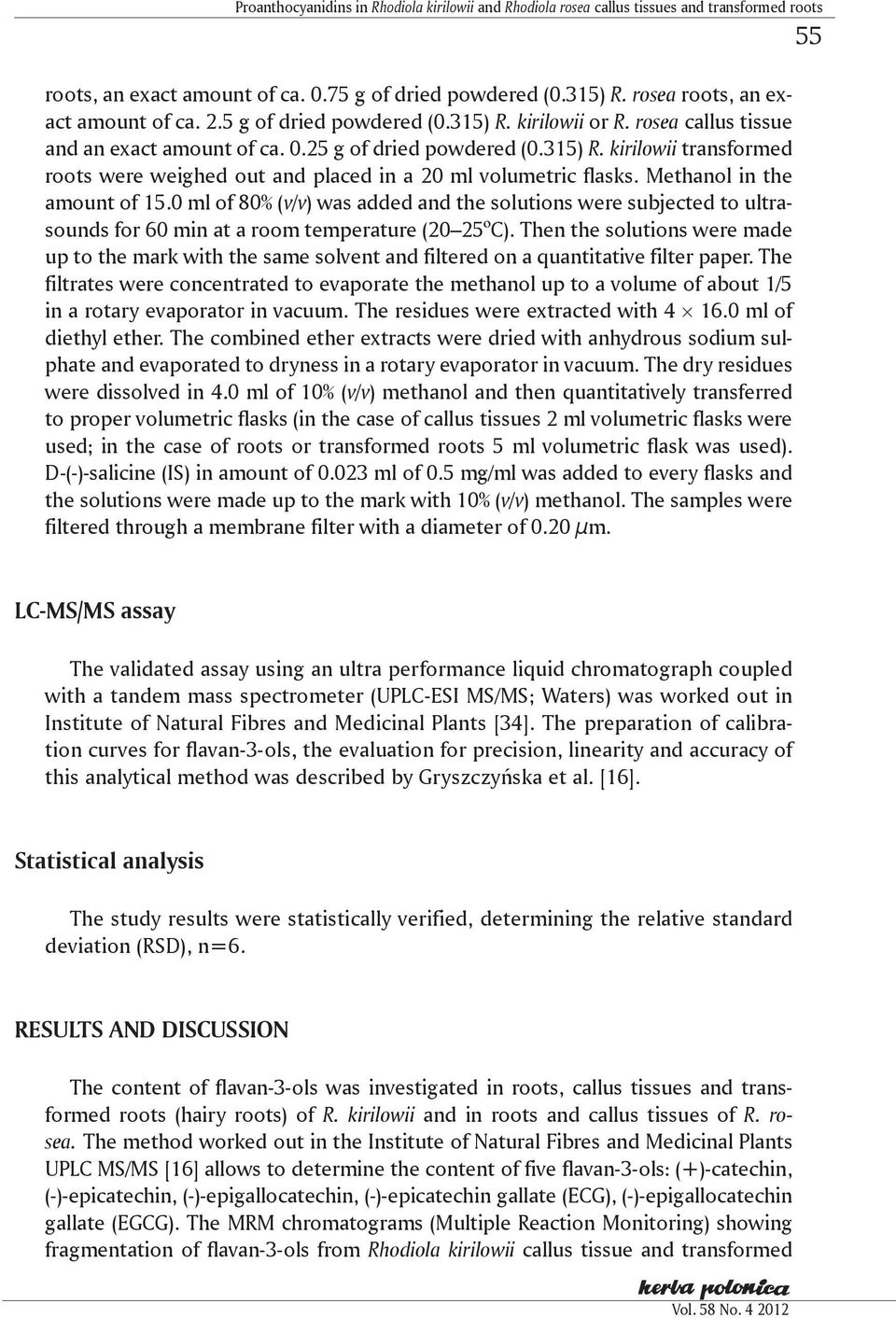 Methanol in the amount of 15.0 ml of 80% (v/v) was added and the solutions were subjected to ultrasounds for 60 min at a room temperature (20 25ºC).