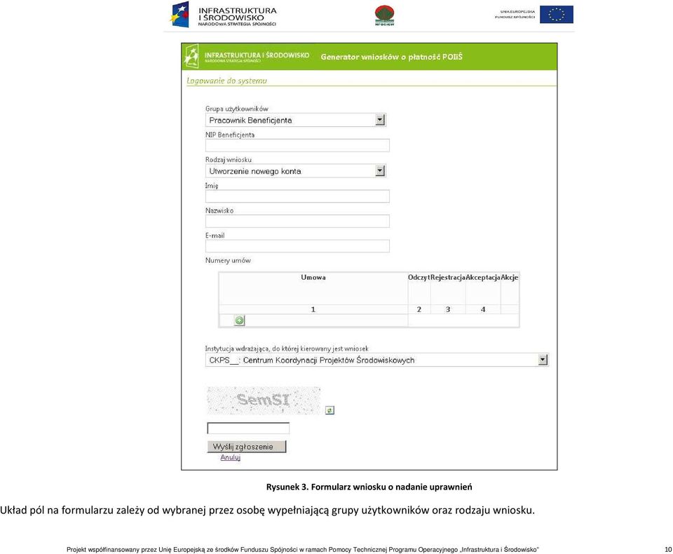 wybranej przez osobę wypełniającą grupy użytkowników oraz rodzaju wniosku.