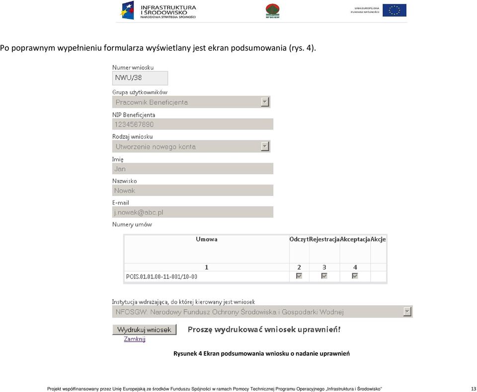 Rysunek 4 Ekran podsumowania wniosku o nadanie uprawnień Projekt