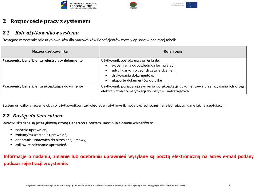 Pracownicy beneficjenta akceptujący dokumenty Rola i opis Użytkownik posiada uprawnienia do: wypełniania odpowiednich formularzy, edycji danych przed ich zatwierdzeniem, drukowania dokumentów,