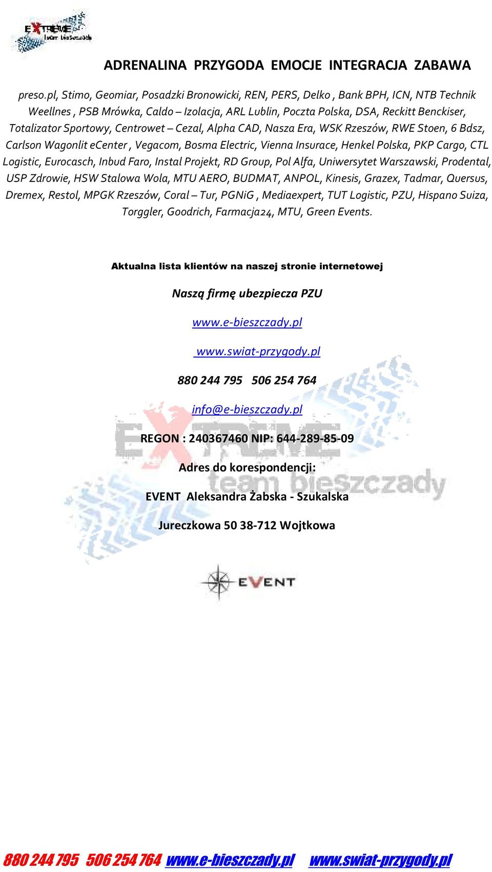 Centrowet Cezal, Alpha CAD, Nasza Era, WSK Rzeszów, RWE Stoen, 6 Bdsz, Carlson Wagonlit ecenter, Vegacom, Bosma Electric, Vienna Insurace, Henkel Polska, PKP Cargo, CTL Logistic, Eurocasch, Inbud