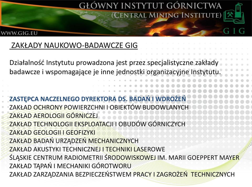 BADAŃ I WDROŻEŃ ZAKŁAD OCHRONY POWIERZCHNI I OBIEKTÓW BUDOWLANYCH ZAKŁAD AEROLOGII GÓRNICZEJ ZAKŁAD TECHNOLOGII EKSPLOATACJI I OBUDÓW GÓRNICZYCH ZAKŁAD