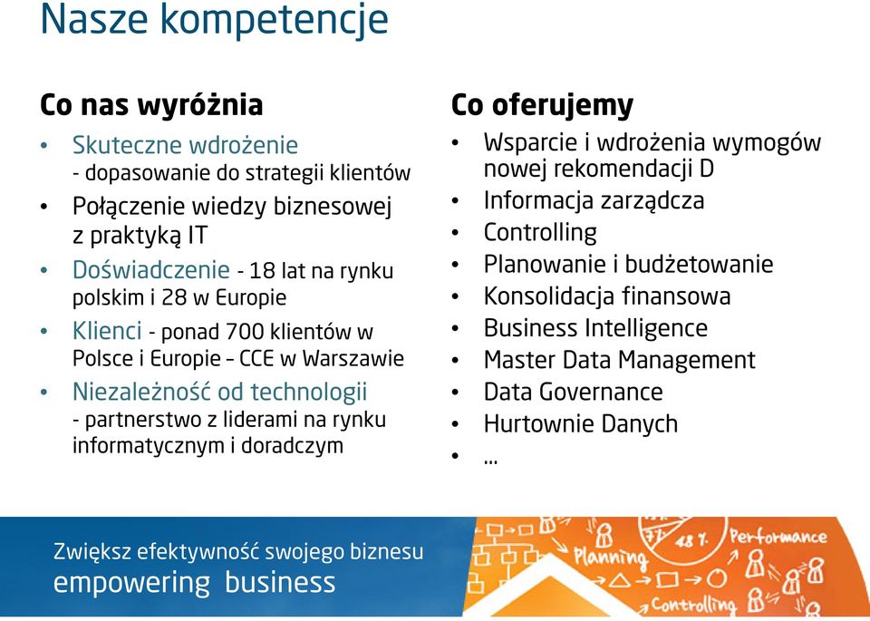 na rynku informatycznym i doradczym Co oferujemy Wsparcie i wdrożenia wymogów nowej rekomendacji D Informacja zarządcza Controlling Planowanie i