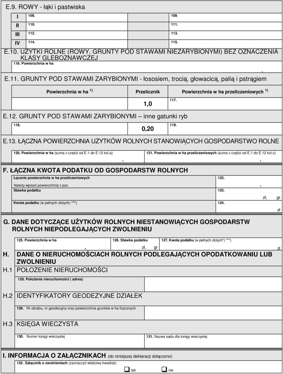 Powierzchnia w ha (suma z części od E.1 do E.12 kol.a) 121. Powierzchnia w ha przeliczeniowych (suma z części od E.1 do E.12 kol.c) F.