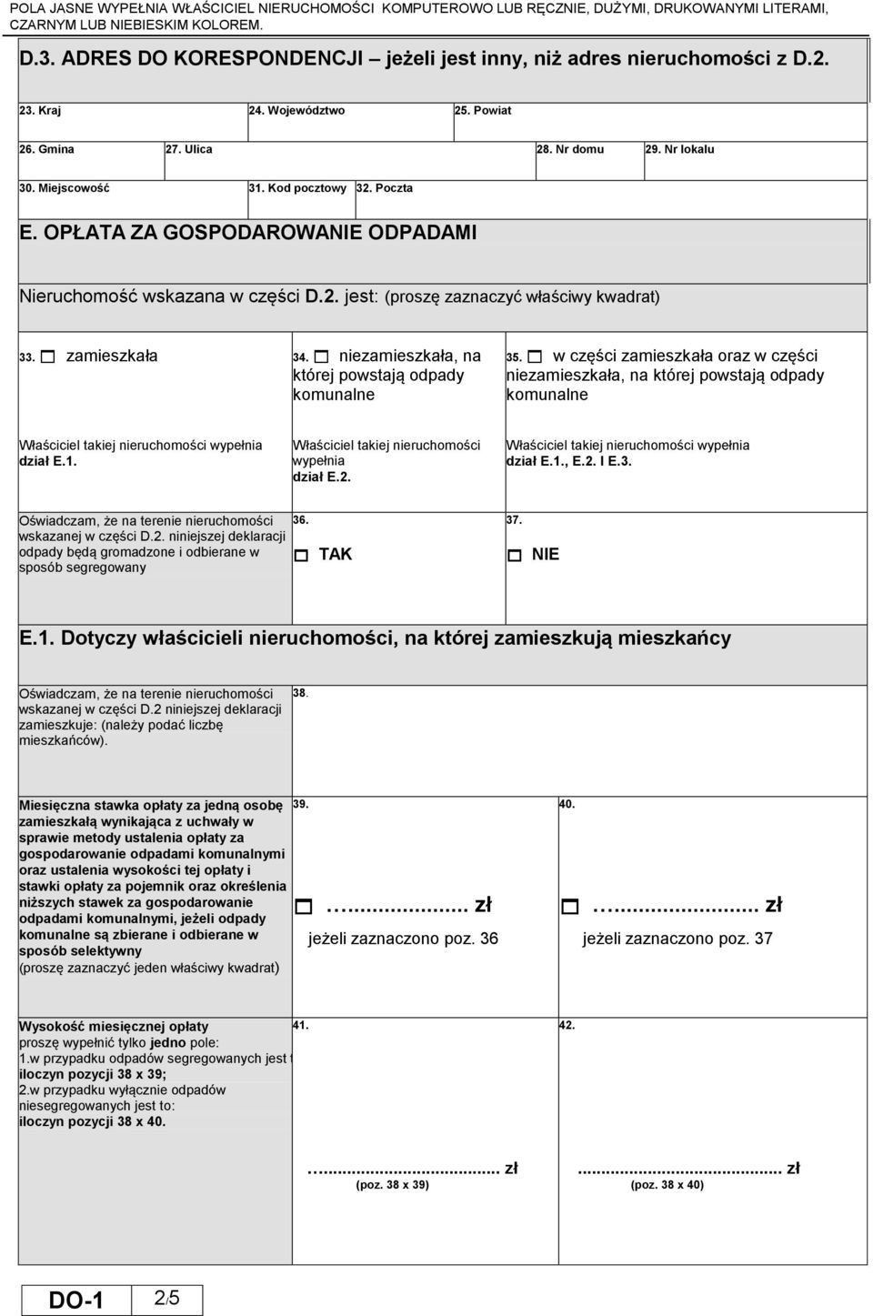 niezamieszkała, na której powstają odpady Właściciel takiej nieruchomości wypełnia dział E.2. 35.