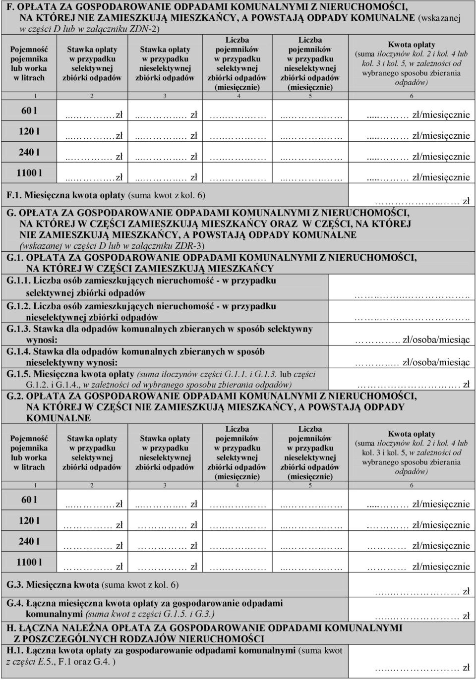 iloczynów kol. 2 i kol. 4 lub kol. 3 i kol. 5, w zależności od wybranego sposobu zbierania odpadów) 1 2 3 4 5 6... zł..... zł........... zł/miesięcznie F.1. Miesięczna kwota opłaty (suma kwot z kol.