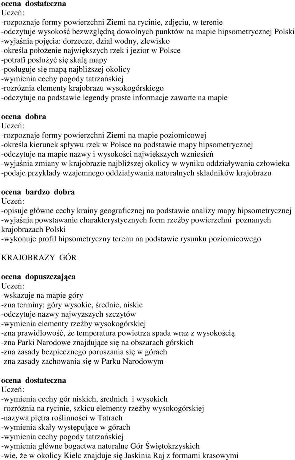wysokogórskiego -odczytuje na podstawie legendy proste informacje zawarte na mapie -rozpoznaje formy powierzchni Ziemi na mapie poziomicowej -określa kierunek spływu rzek w Polsce na podstawie mapy