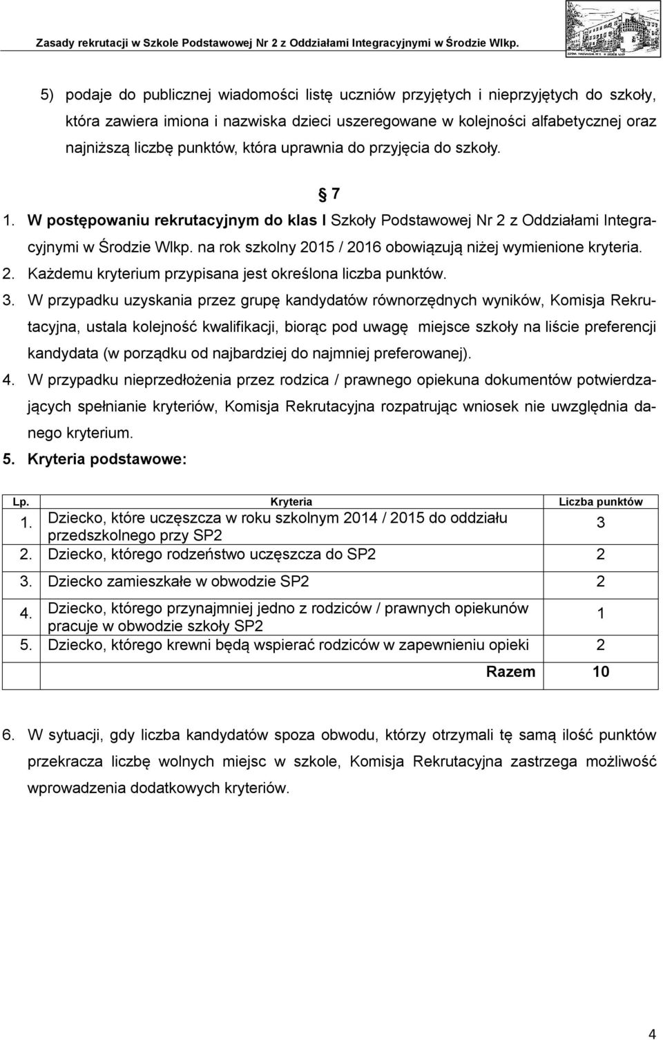 na rok szkolny 2015 / 2016 obowiązują niżej wymienione kryteria. 2. Każdemu kryterium przypisana jest określona liczba punktów. 3.