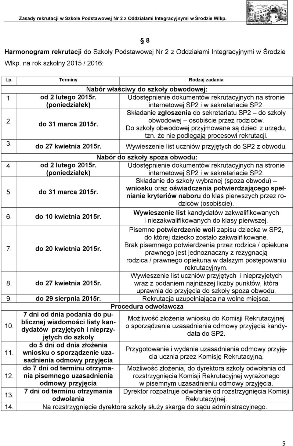 obwodowej osobiście przez rodziców. do 31 marca 2015r. Do szkoły obwodowej przyjmowane są dzieci z urzędu, tzn. że nie podlegają procesowi rekrutacji. 3. do 27 kwietnia 2015r.