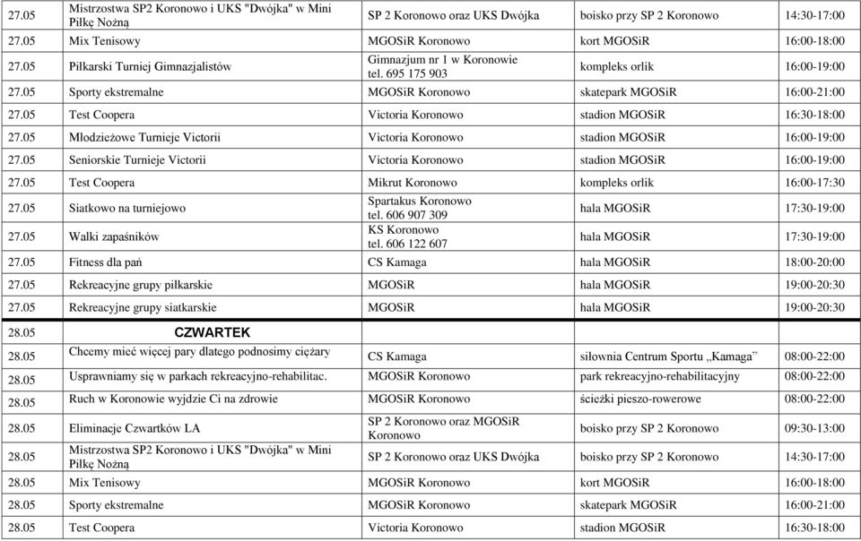 05 Test Coopera Victoria Koronowo stadion MGOSiR 16:30-18:00 27.05 Młodzieżowe Turnieje Victorii Victoria Koronowo stadion MGOSiR 16:00-19:00 27.