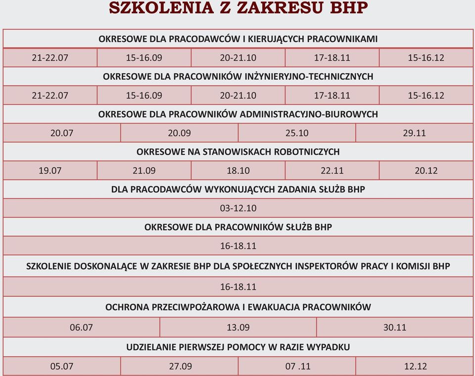 11 OKRESOWE NA STANOWISKACH ROBOTNICZYCH 19.07 21.09 18.10 22.11 20.12 DLA PRACODAWCÓW WYKONUJĄCYCH ZADANIA SŁUŻB BHP 03-12.10 OKRESOWE DLA PRACOWNIKÓW SŁUŻB BHP 16-18.