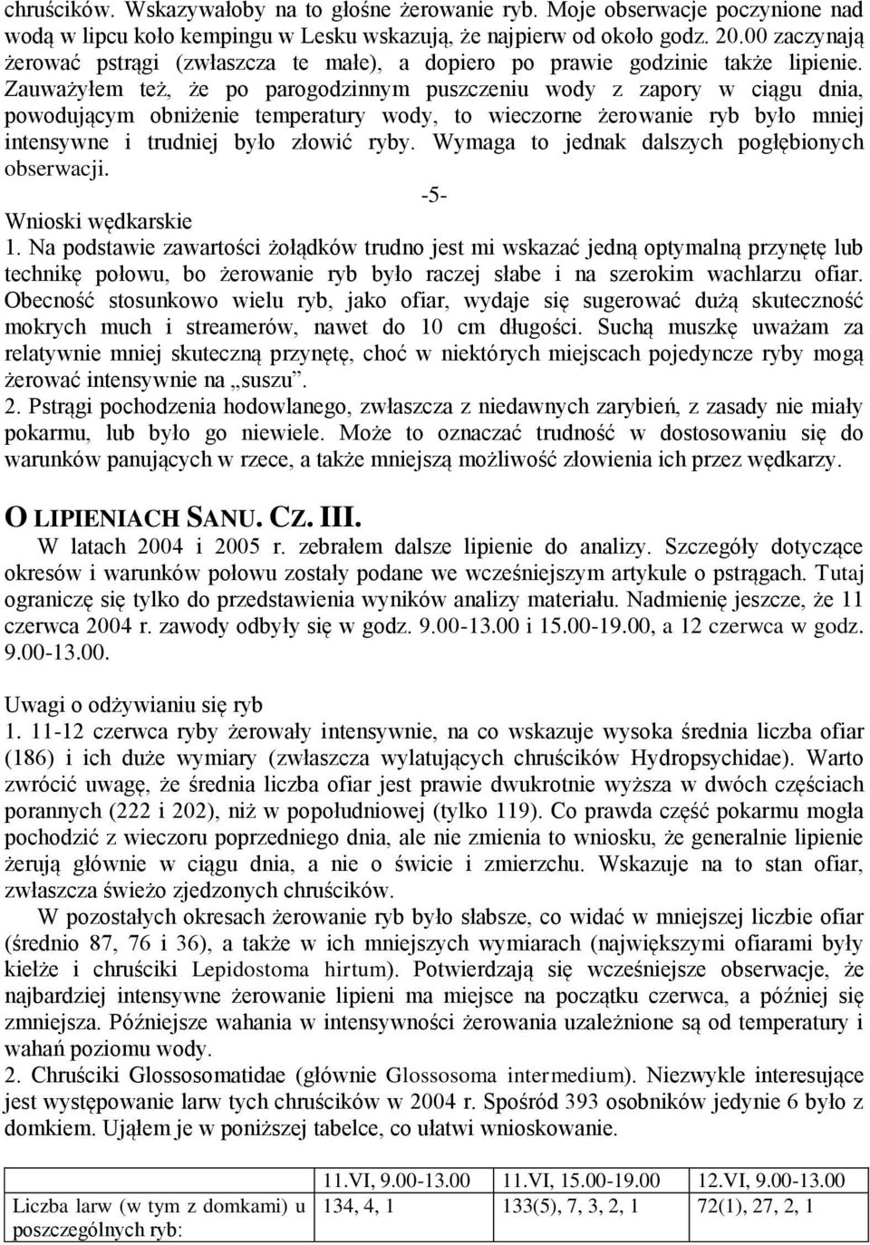 Zauważyłem też, że po parogodzinnym puszczeniu wody z zapory w ciągu dnia, powodującym obniżenie temperatury wody, to wieczorne żerowanie ryb było mniej intensywne i trudniej było złowić ryby.