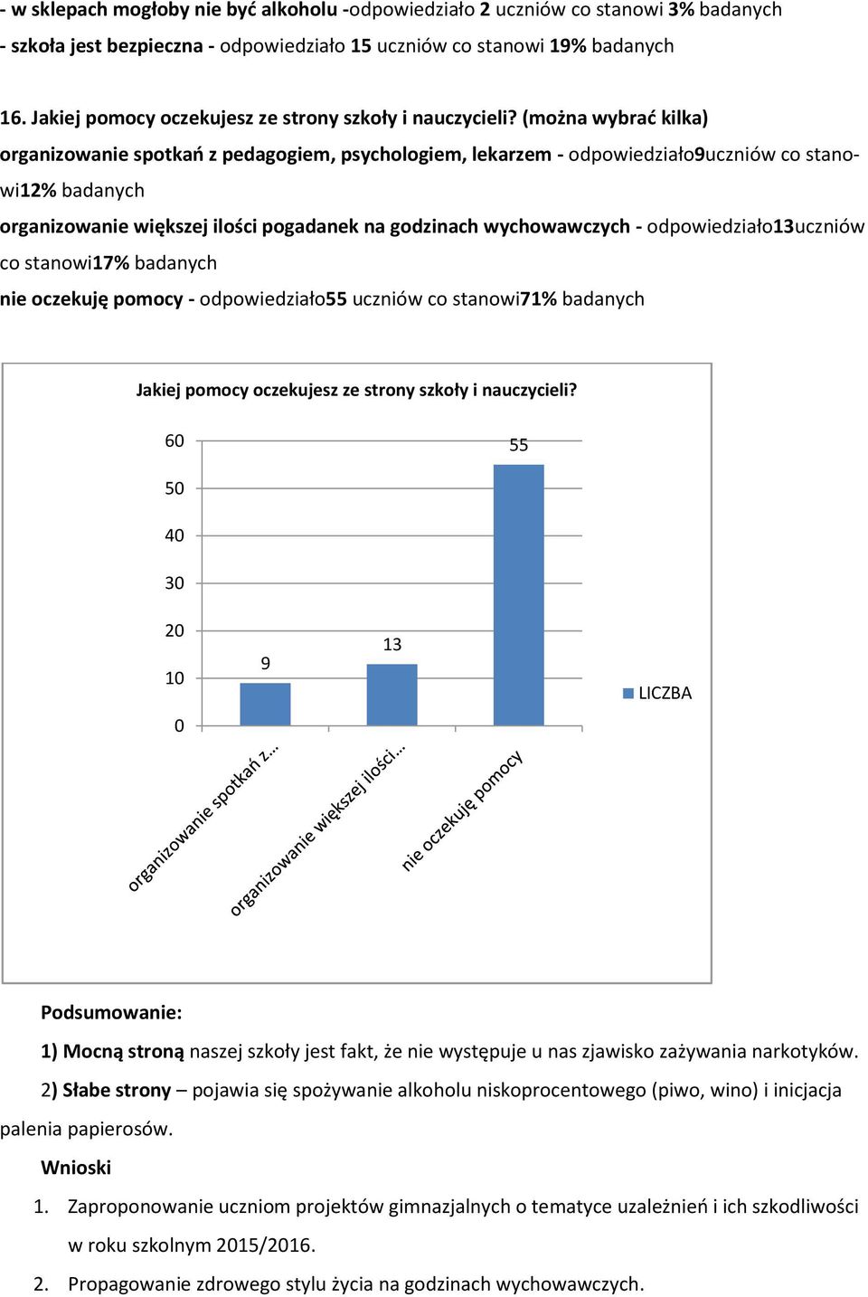 (można wybrad kilka) organizowanie spotkao z pedagogiem, psychologiem, lekarzem - odpowiedziało9uczniów co stanowi12% badanych organizowanie większej ilości pogadanek na godzinach wychowawczych -