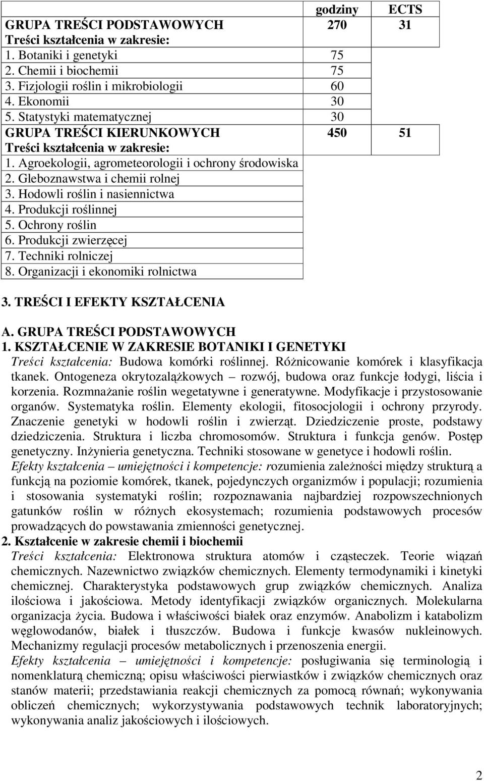 Hodowli rolin i nasiennictwa 4. Produkcji rolinnej 5. Ochrony rolin 6. Produkcji zwierzcej 7. Techniki rolniczej 8. Organizacji i ekonomiki rolnictwa 3. TRECI I EFEKTY KSZTAŁCENIA A.