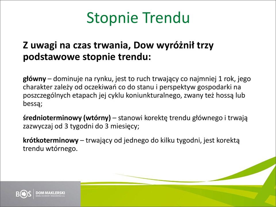 etapach jej cyklu koniunkturalnego, zwany też hossą lub bessą; średnioterminowy (wtórny) stanowi korektę trendu głównego i