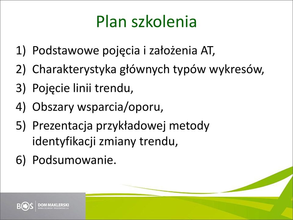 trendu, 4) Obszary wsparcia/oporu, 5) Prezentacja