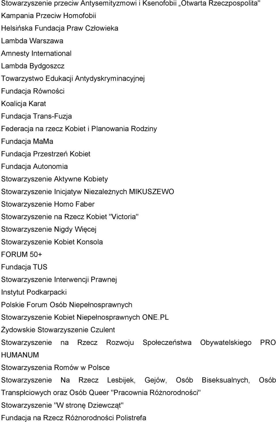 Autonomia Stowarzyszenie Aktywne Kobiety Stowarzyszenie Inicjatyw Niezależnych MIKUSZEWO Stowarzyszenie Homo Faber Stowarzyszenie na Rzecz Kobiet "Victoria" Stowarzyszenie Nigdy Więcej Stowarzyszenie